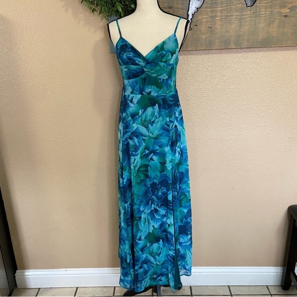 NWOT Lulus Beautiful Soul Teal Green Floral Print Twist-Front Maxi Dress - Picture 7 of 9